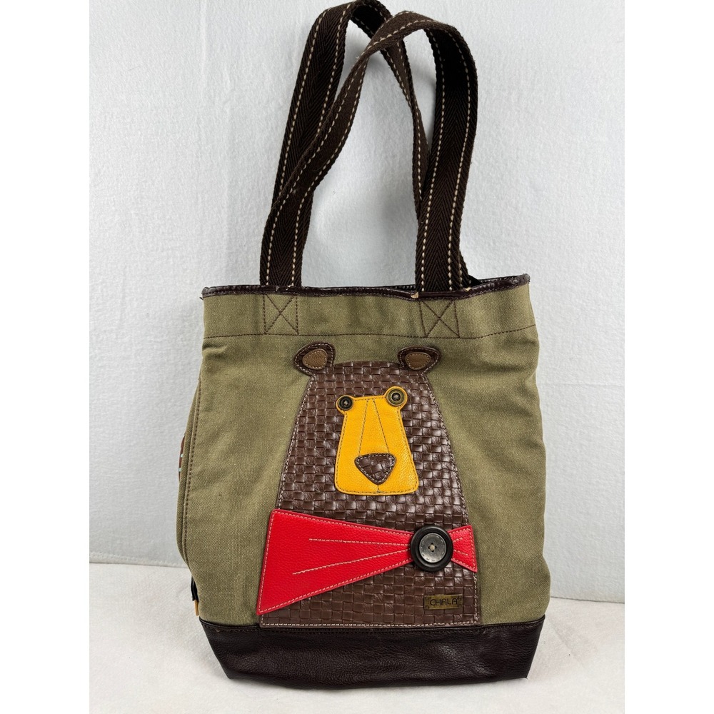 Chala Canvas Tote Bag Olive Green Whimsical Bear Applique Mixed Media Handbag